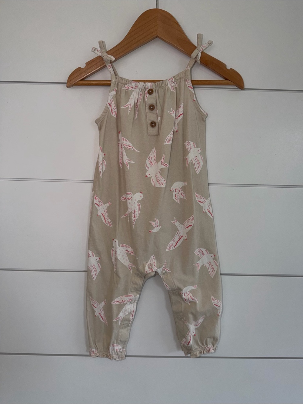 Carter’s Baby Girl 9M Bird Print Jumpsuit Romper Boho Cottagecore Taupe GUC